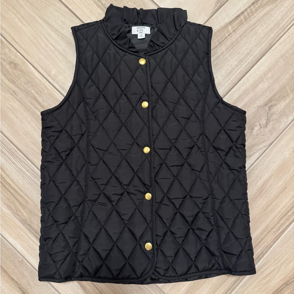 Girls Crown &I Ivy Black Quilted Vest with Gold Snap Buttons
